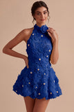 A-Line Daffodil Floral Halter Neck Short Formal Dress with Beading