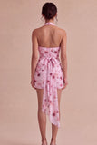Pink Floral Halter Neck Tight Chiffon Mini Cocktail Dress with Bow