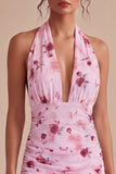 Pink Floral Halter Neck Tight Chiffon Mini Cocktail Dress with Bow