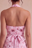 Pink Floral Halter Neck Tight Chiffon Mini Cocktail Dress with Bow