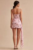 Pink Floral Corset Tight Chiffon Mini Cocktail Dress with Sash
