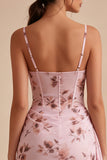 Pink Floral Corset Tight Chiffon Mini Cocktail Dress with Sash