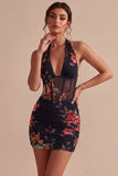 Black Halter Neck Floral Sheer Corset Bodycon Mini Cocktail Dress