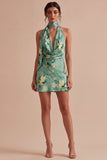 Light Green Halter Neck Floral Bodycon Mini Cocktail Dress