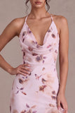 Pink Halter Neck Floral Asymmetrical Cocktail Dress with Ruffles