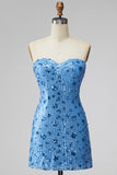 Sparkly Sky Blue Sweetheart Bodycon Sequins Short Formal Dress