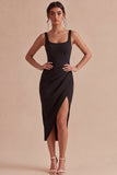 Black Bodycon Midi Ruched Thick Straps Formal Dress with Slit