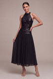 Sparkly High Neck A Line Long Black Tie Dress with Sequins