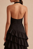 Black A Line Halter Asymmetrical Tiered Backless Formal Dress with Ruffles