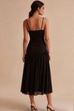 Black A Line Ruched Spaghetti Straps Midi Formal Dress