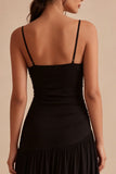 Black A Line Ruched Spaghetti Straps Midi Formal Dress