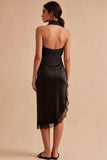 Backless Halter Midi Black Mermaid Formal Dress with Slit