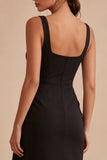 Black Scoop Bodycon Midi Ruched Formal Dress with Sash