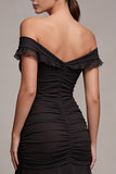 Black Off the Shoulder Mermaid Ruched Long Formal Dress with Ruffles