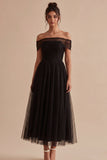 Black Off the Shoulder A Line Long Formal Dress