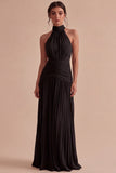 Dark Coffee Halter Pleated Long Sheath Formal Dress