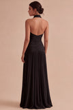 Dark Coffee Halter Pleated Long Sheath Formal Dress