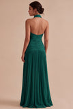 Dark Coffee Halter Pleated Long Sheath Formal Dress