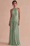 Dark Coffee Halter Pleated Long Sheath Formal Dress