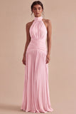 Dark Coffee Halter Pleated Long Sheath Formal Dress