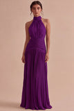 Dark Coffee Halter Pleated Long Sheath Formal Dress