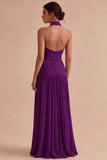 Dark Coffee Halter Pleated Long Sheath Formal Dress
