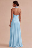 Dark Coffee Halter Pleated Long Sheath Formal Dress