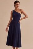 Navy One Shoulder A Line Long Formal Dress