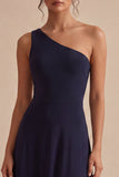 Navy One Shoulder A Line Long Formal Dress