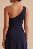Navy One Shoulder A Line Long Formal Dress