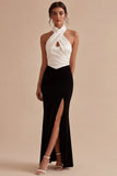 Black and White Halter Keyhole Backless Long Mermaid Formal Dress with Slit