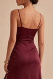 Burgundy Ruffled Spaghetti Straps Mermaid Long Formal Dress with Slit