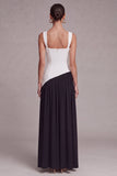 Black and White A Line Square Neck Long Formal Dress with Slit