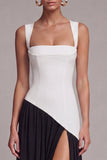Black and White A Line Square Neck Long Formal Dress with Slit