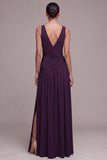 Plum A Line V-Neck Ruched Long Formal Dress with Rhinestone