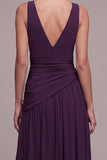 Plum A Line V-Neck Ruched Long Formal Dress with Rhinestone