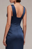 Navy Mermaid Corset Satin Formal Dress with Lace