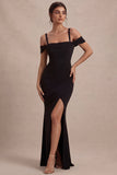 Black Cold Shoulder Mermaid Ruched Long Formal Dress with Slit