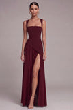 Black Square Neck A Line Long Formal Dress with Slit
