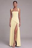 Black Square Neck A Line Long Formal Dress with Slit