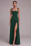 Black Square Neck A Line Long Formal Dress with Slit