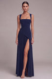 Black Square Neck A Line Long Formal Dress with Slit
