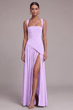Black Square Neck A Line Long Formal Dress with Slit