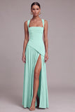 Black Square Neck A Line Long Formal Dress with Slit
