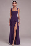 Black Square Neck A Line Long Formal Dress with Slit