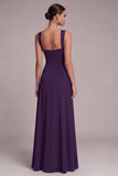 Black Square Neck A Line Long Formal Dress with Slit