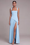 Black Square Neck A Line Long Formal Dress with Slit