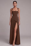 Black Square Neck A Line Long Formal Dress with Slit