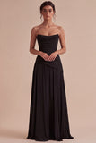 Burgundy A Line Ruched Strapless Long Formal Dress