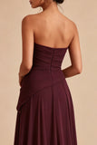 Burgundy A Line Ruched Strapless Long Formal Dress